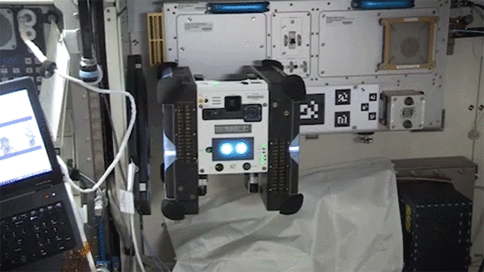 Astrobee robot blinking its "eyes"