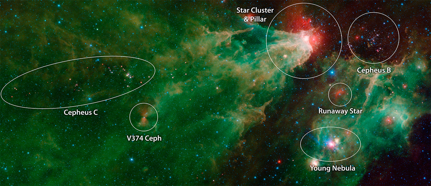 An annotated mosaic by NASA's Spitzer Space Telescope of the Cepheus C and Cepheus B regions