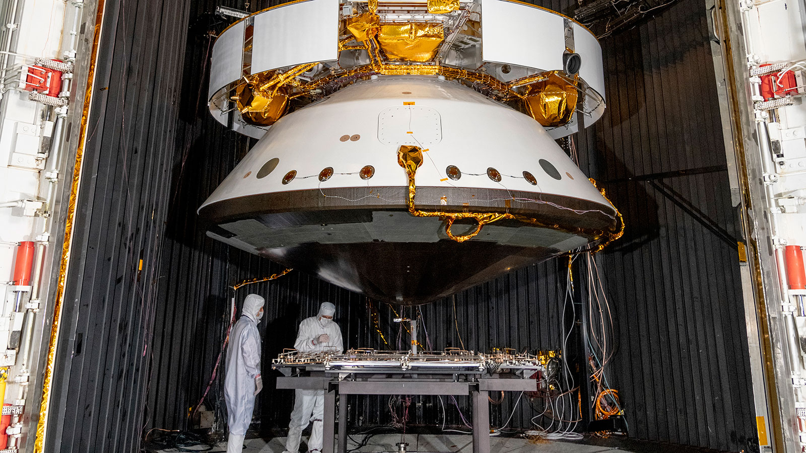 Engineers prepare the Mars 2020 spacecraft for a thermal vacuum (TVAC) test