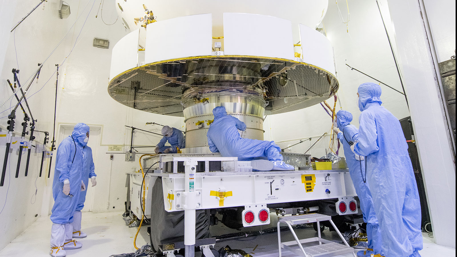 NASA's Mars 2020 spacecraft undergoes examination prior to an acoustic test