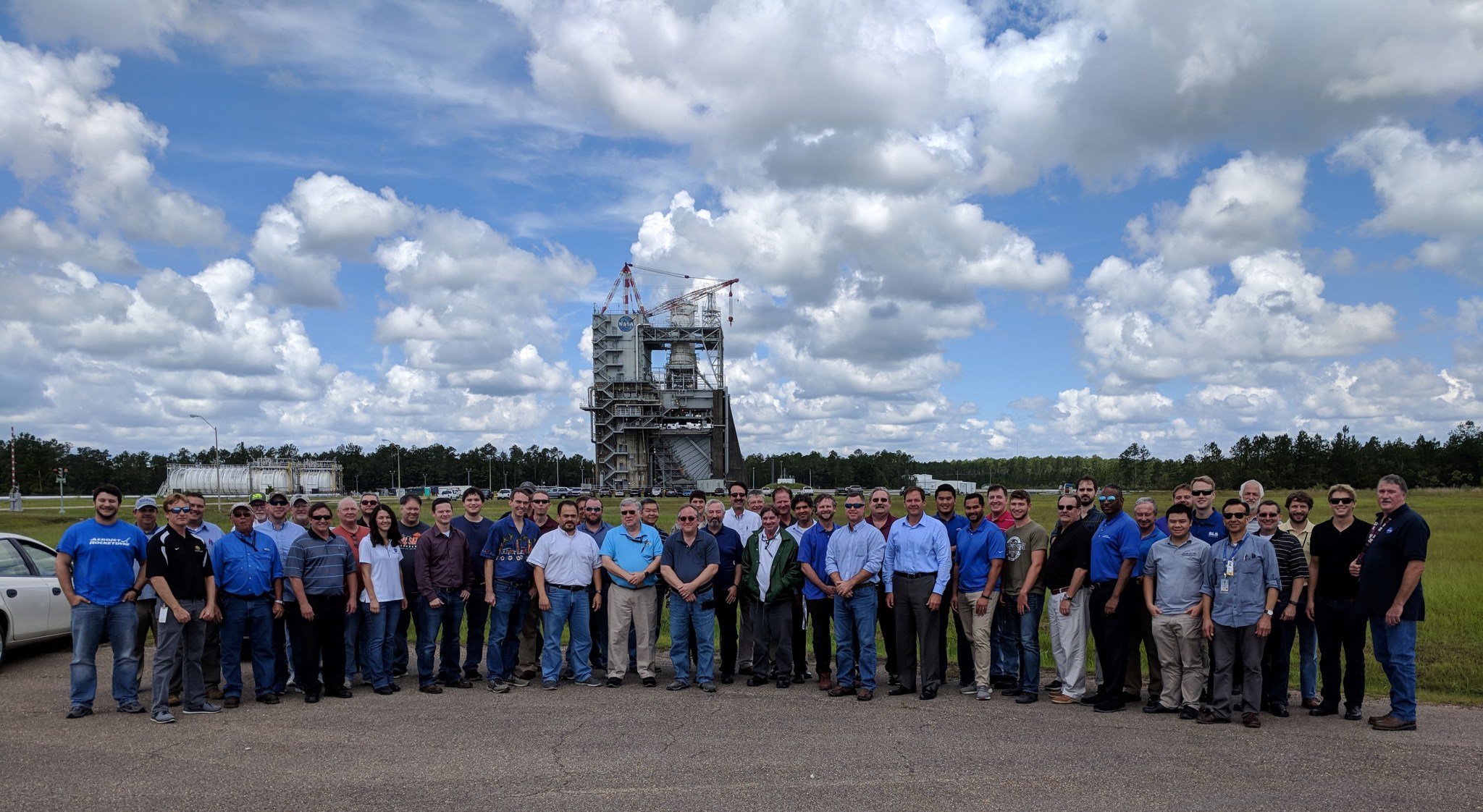 members of the AR-22 rocket engine test project gather following completion of the historic test series on the A-1 Test Stand 