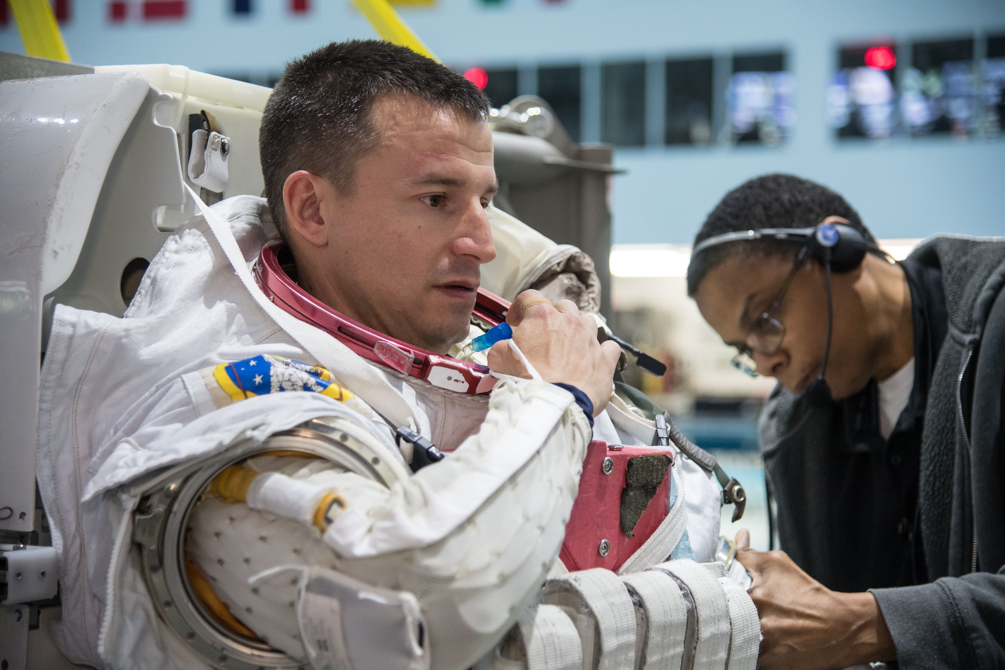 NASA astronaut Drew Morgan prepares for spacewalk training Jan. 24, 2018, in the Neutral Buoyancy Laboratory.