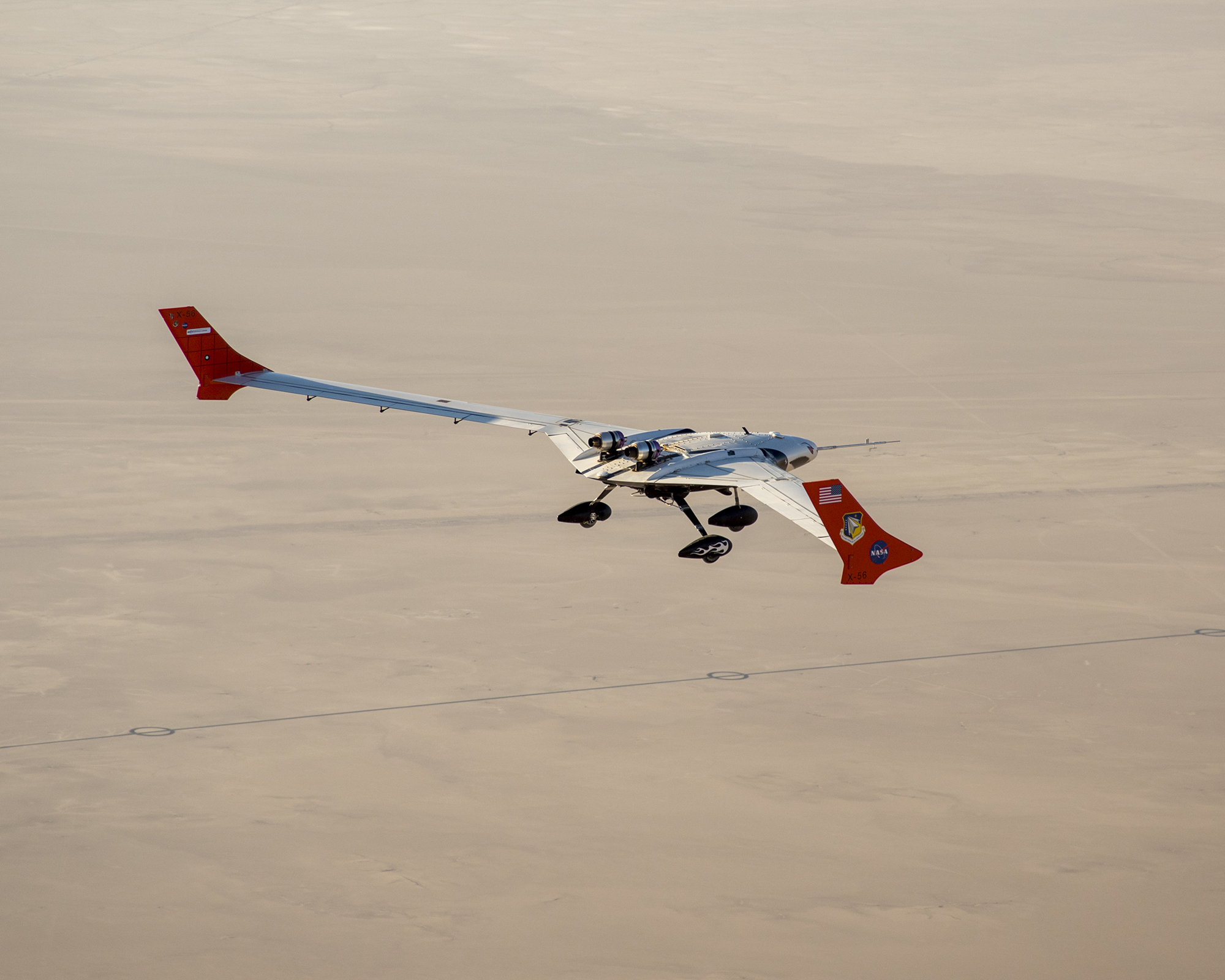 The X-56A flies a research flight in the skies above Edwards Air Force Base.