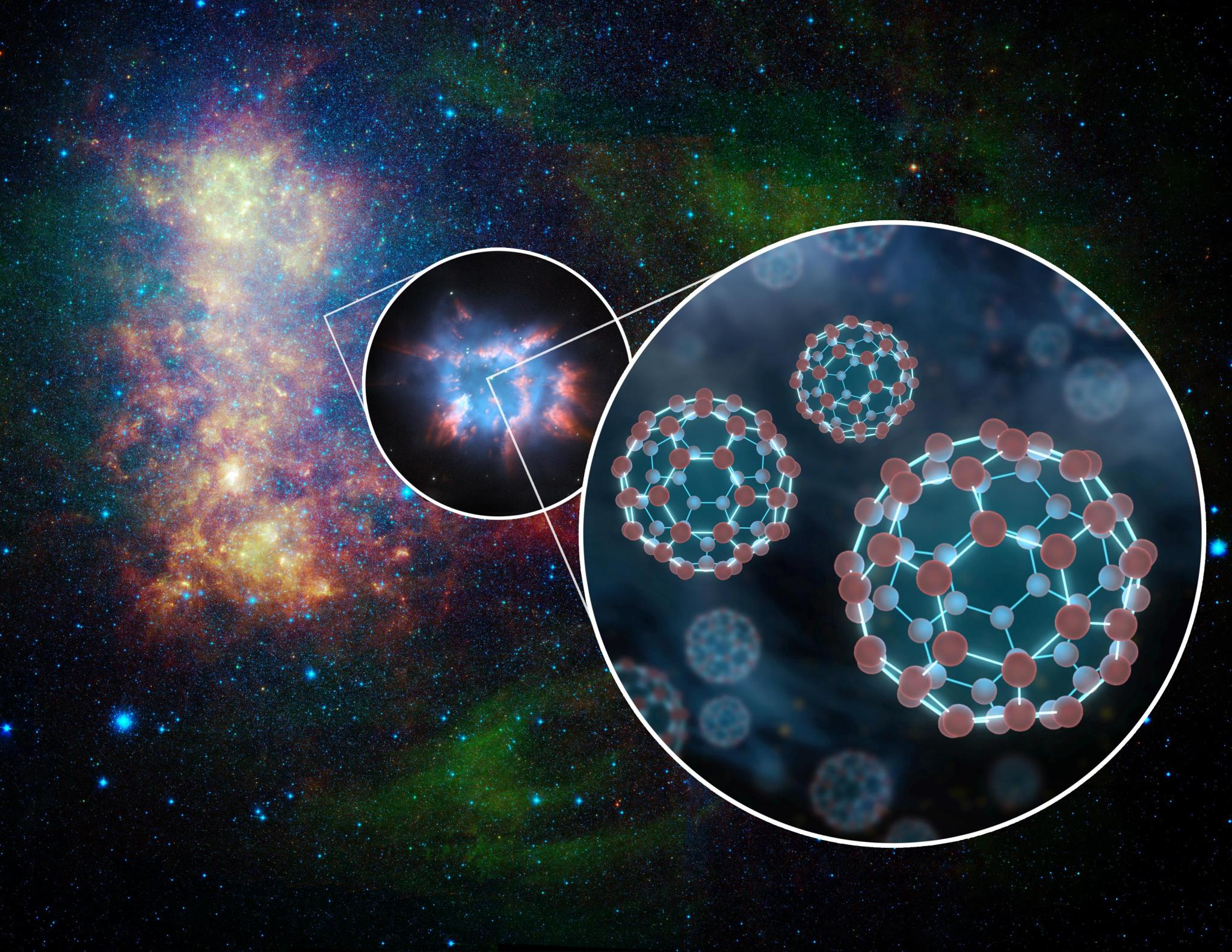 Artist's concept of buckyballs in space