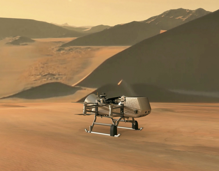 Illustration of NASA’s Dragonfly rotorcraft-lander approaching a site on Saturn’s exotic moon, Titan.