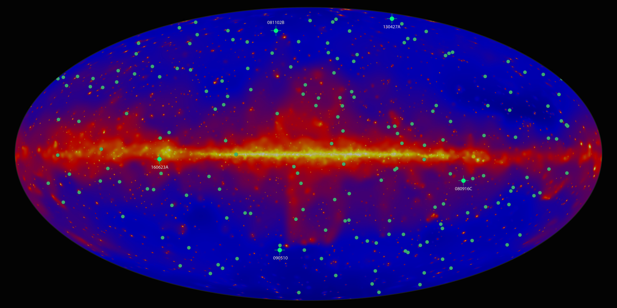 Fermi all-sky gamma-ray map with some GRBs labeled