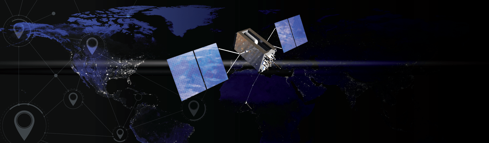 Graphic image of a Global Positioning System (GPS) satellite with a black background.