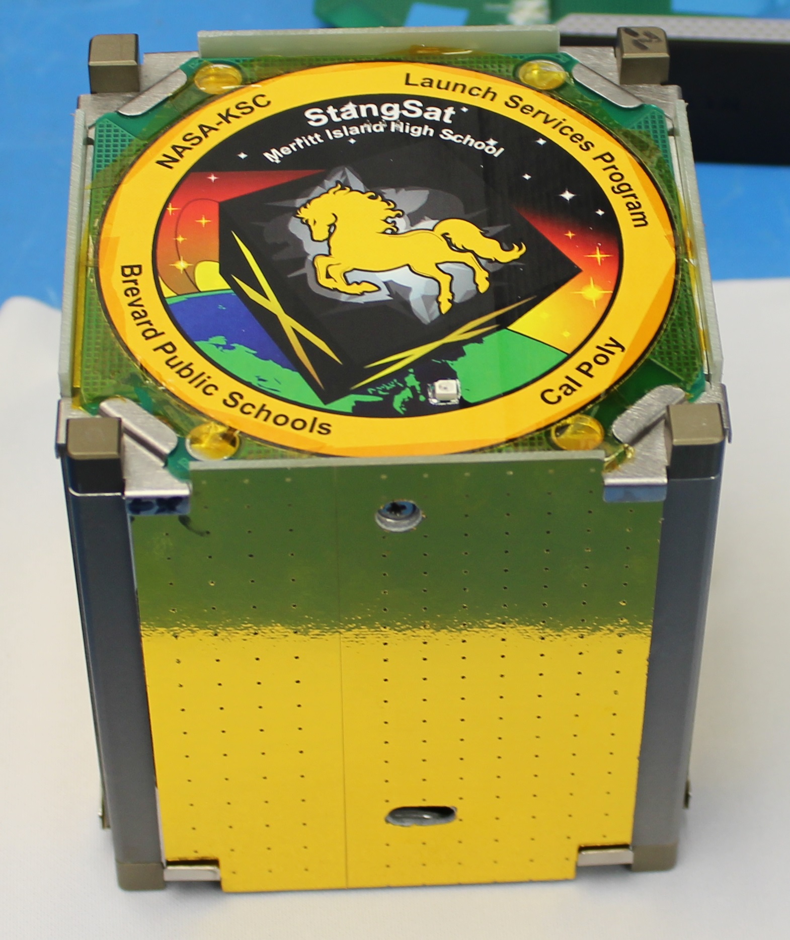 A photograph of StangSat - a cube satellite (CubeSat) that was built and developed by Merritt Island High School students.