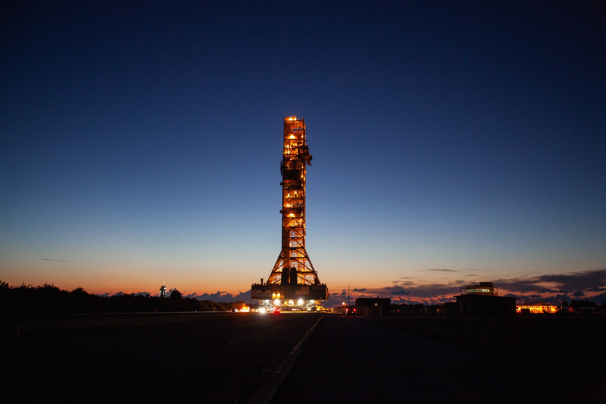 NASA’s mobile launcher makes its last solo trek to Kennedy Space Center’s Launch Complex 39B in Florida on June 27, 2019