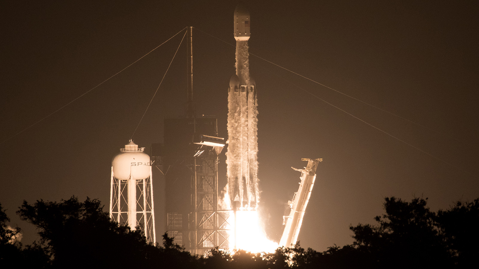 A SpaceX Falcon Heavy rocket carrying 24 satellites as part of the Department of Defense's Space Test Program-2 (STP-2) mission 