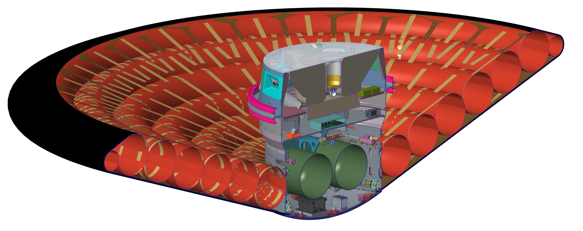 Illustration of the LOFTID aeroshell and payload. The payload is a silver cylinder, cut away to show electrical components inside. The aeroshell is made of several orange inflated tubes, stacked on top of each other. Each tube is wider than the last, so the aeroshell expands like an umbrella. 