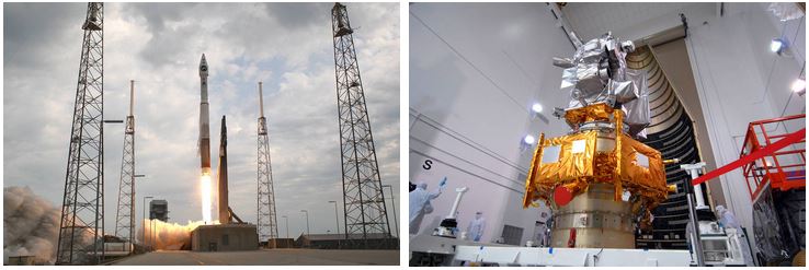 lro_launch lro_and_lcross_before_fairing_installation Left: Launch of LRO and LCROSS on an Atlas V rocket. Right: LRO (top, silver) and LCROSS (bottom, gold) spacecraft before being placed inside the launch shroud.