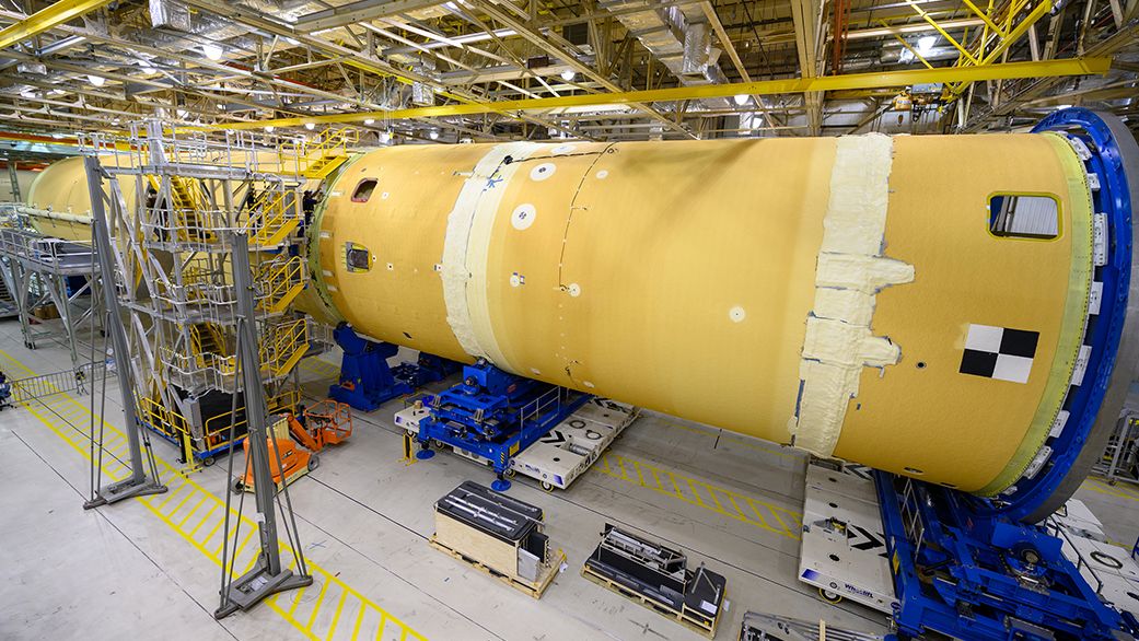 The forward part and liquid hydrogen tank for the core stage of NASA's Space Launch System