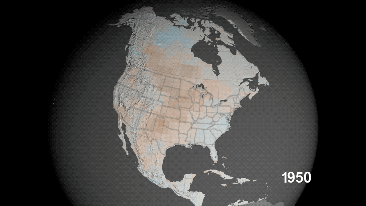 Data visualization of droughts and soil moisture from 1954 to forecast for 2095, focused on North America. The land moves light blue to progressively darker and darker brown to indicate worsening drought conditions.