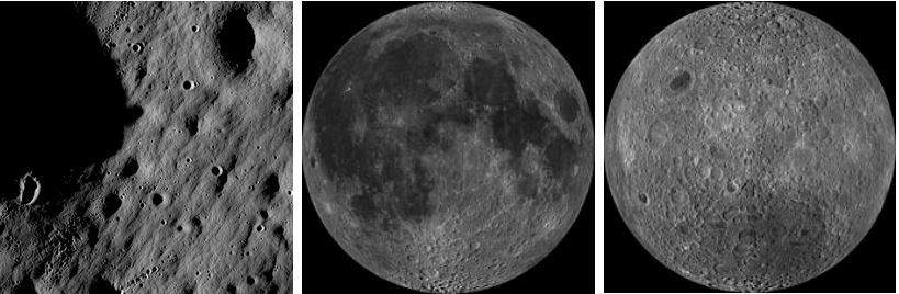 Left: First high-resolution image of the Moon taken by LRO. Middle: Mosaic of images of the Moon’s near side. Right: Mosaic of images of the Moon’s far side.