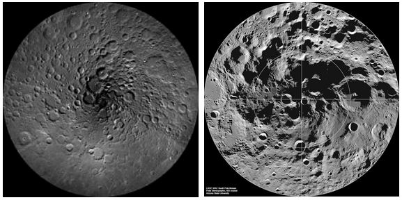 Left: Mosaic of images of the lunar north pole. Right: Mosaic of images of the lunar south pole.