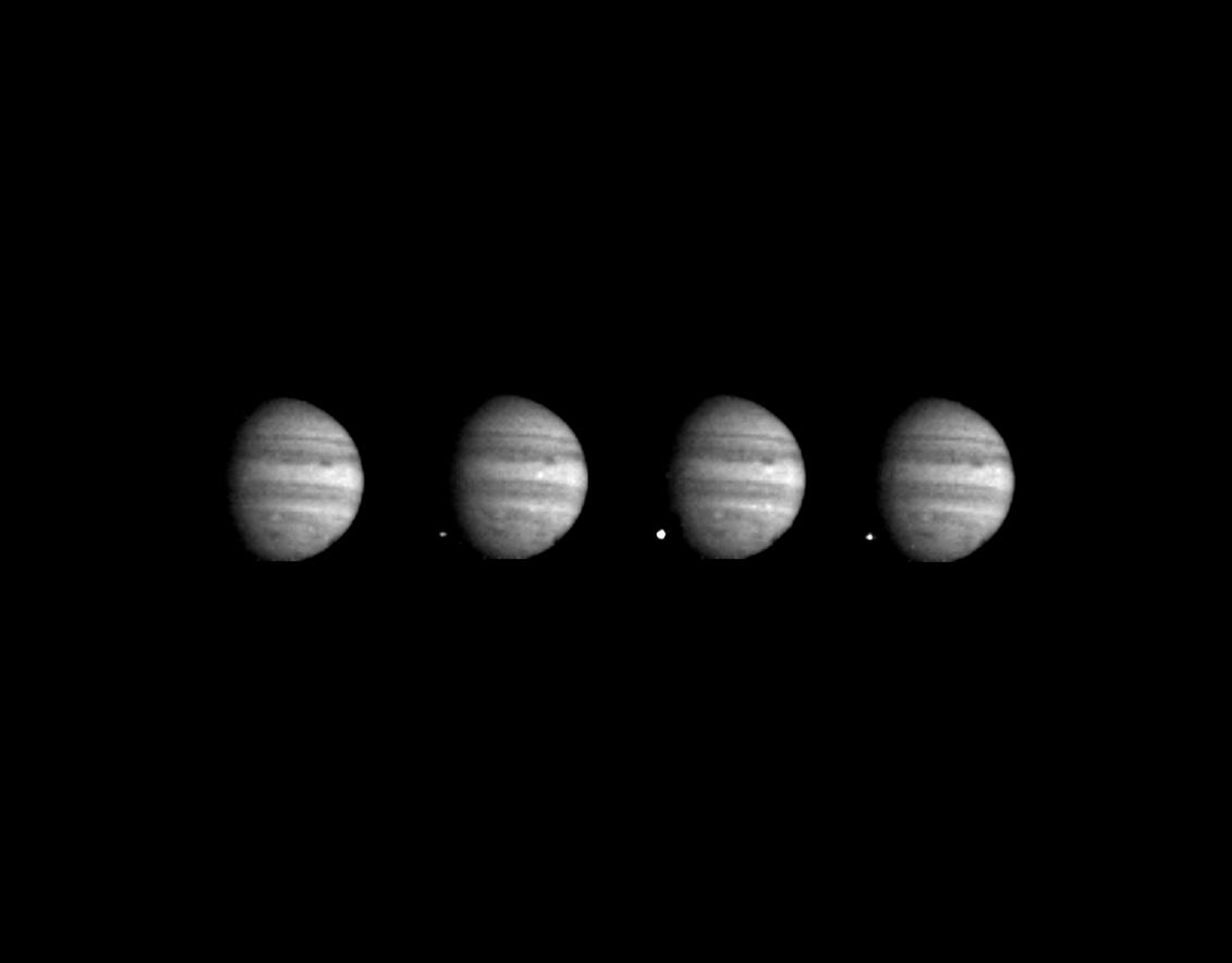 Four-panel image shows black and white jupiter, with a flash brightening and fading