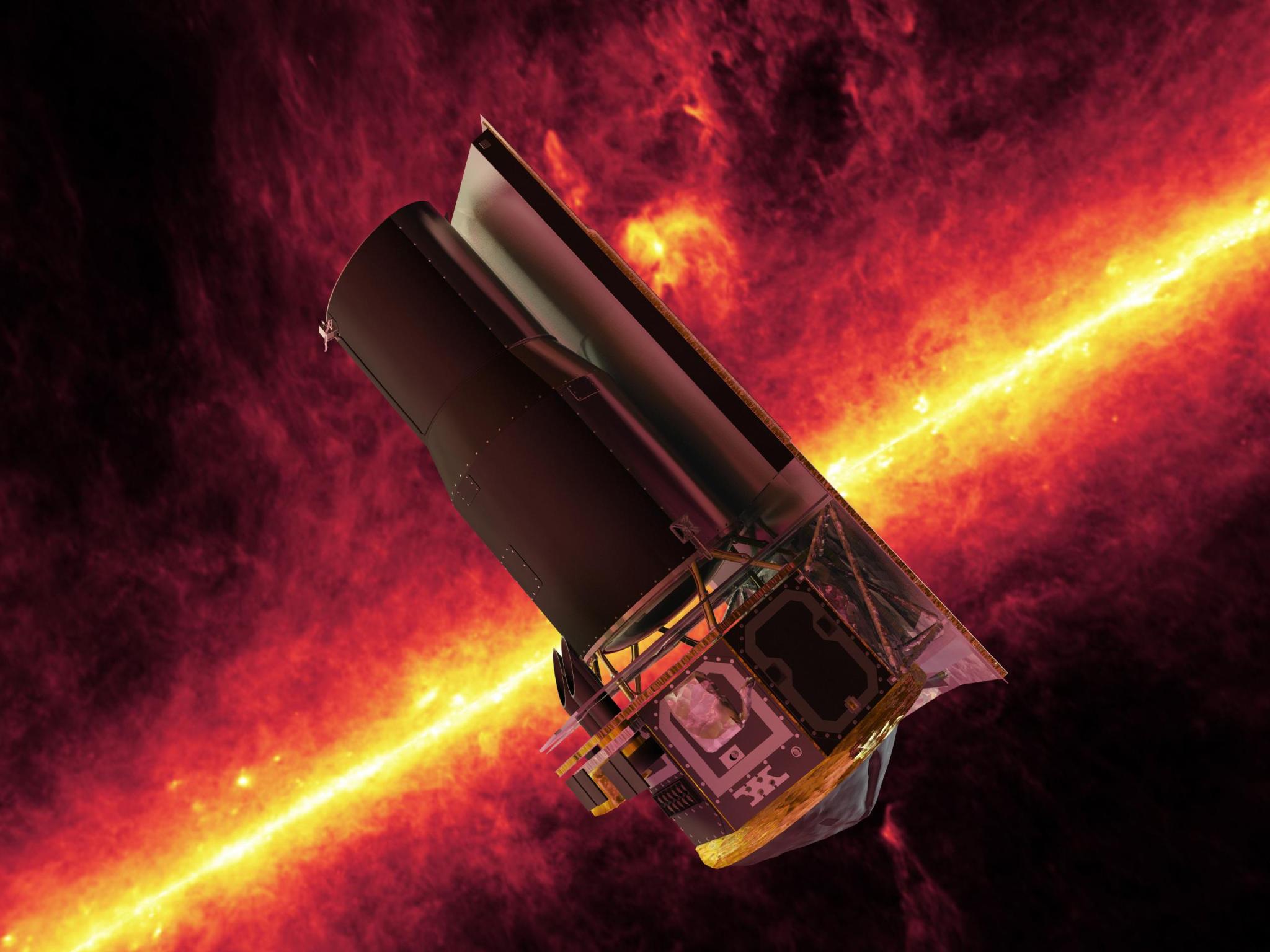 Illustration of Spitzer Space Telescope in front of infrared image