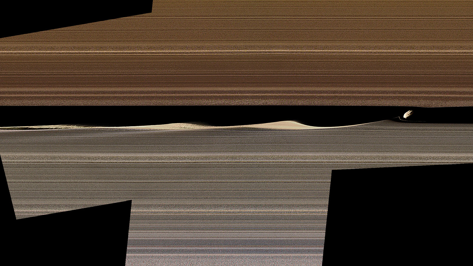 A false-color image mosaic shows Daphnis, one of Saturn's ring-embedded moons