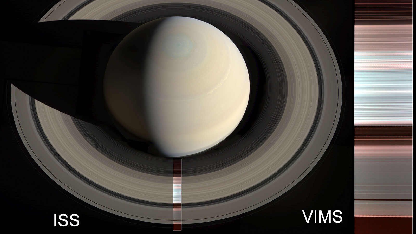  False-color image to the right shows an infrared spectral map of Saturn's A, B and C rings