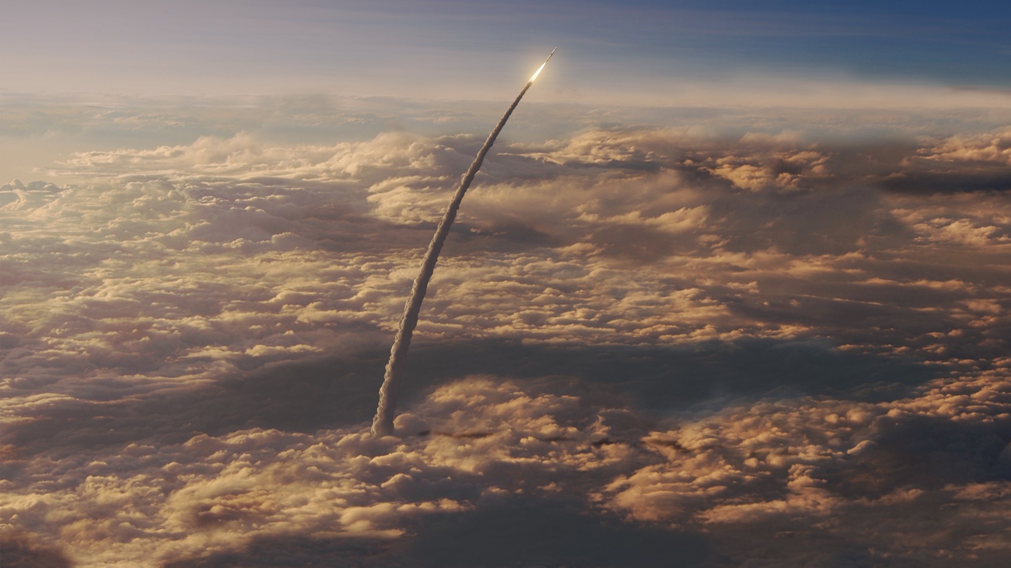 A rocket rising above the clouds.