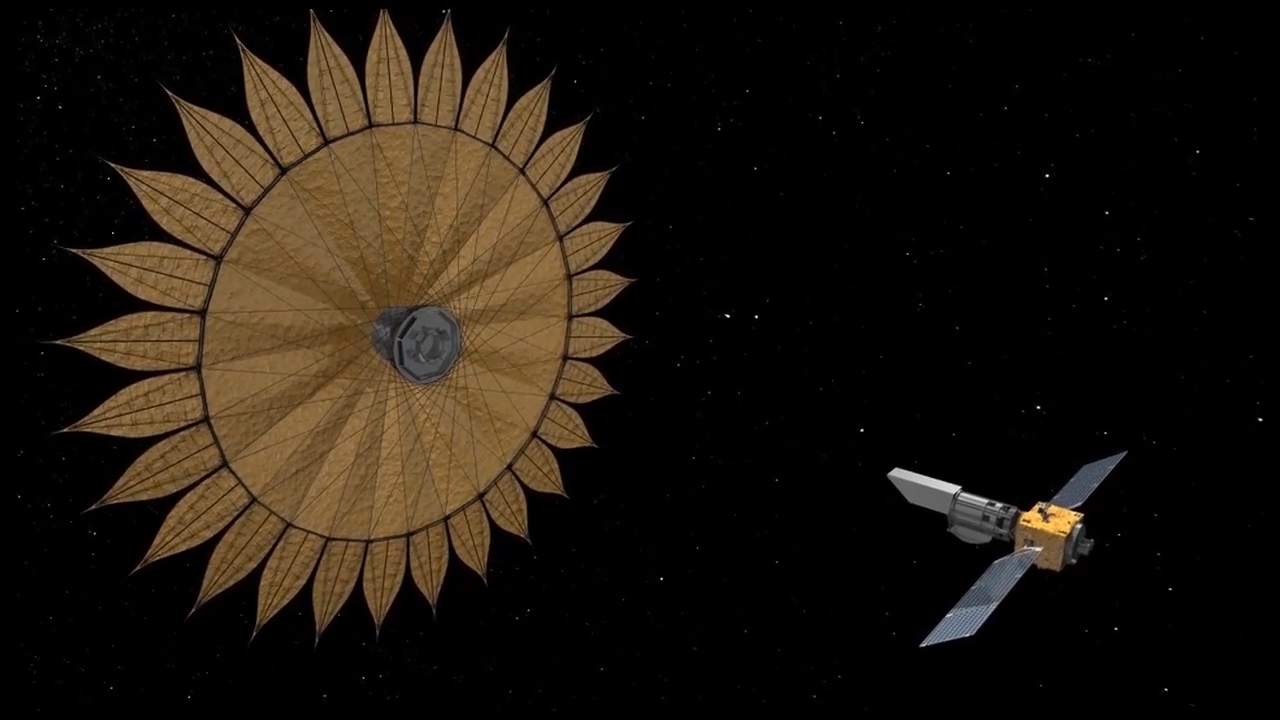 Artist's concept shows the geometry of a space telescope aligned with a starshade