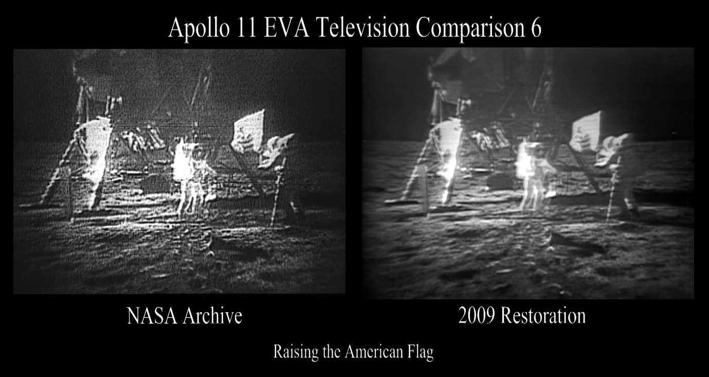 Comparison image showing video still of Neil Armstrong and Buzz Aldrin raising the American flag on the moon, before (left) and 