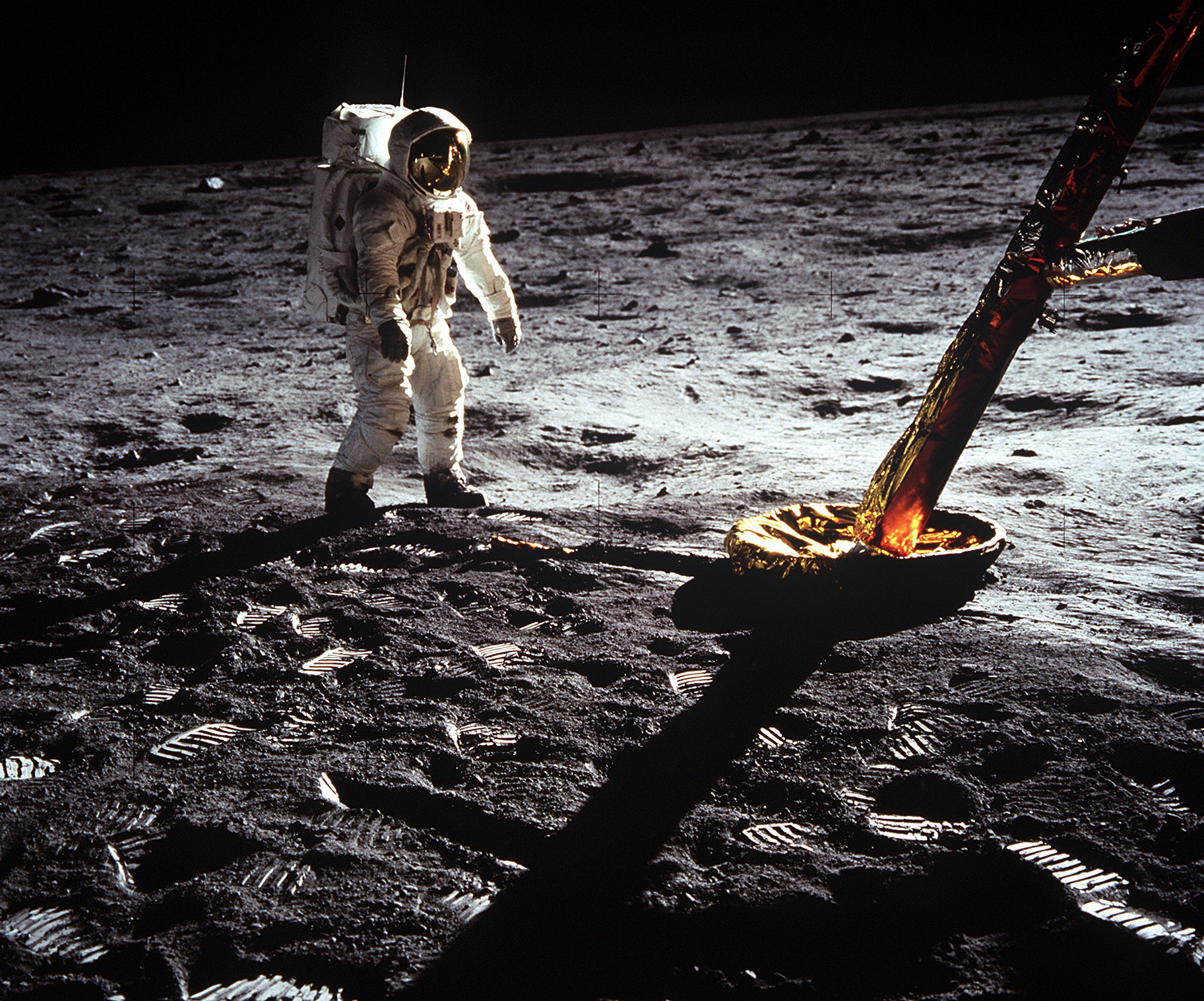 Astronaut Edwin E. Aldrin Jr., lunar module pilot, walks on the surface of the Moon 