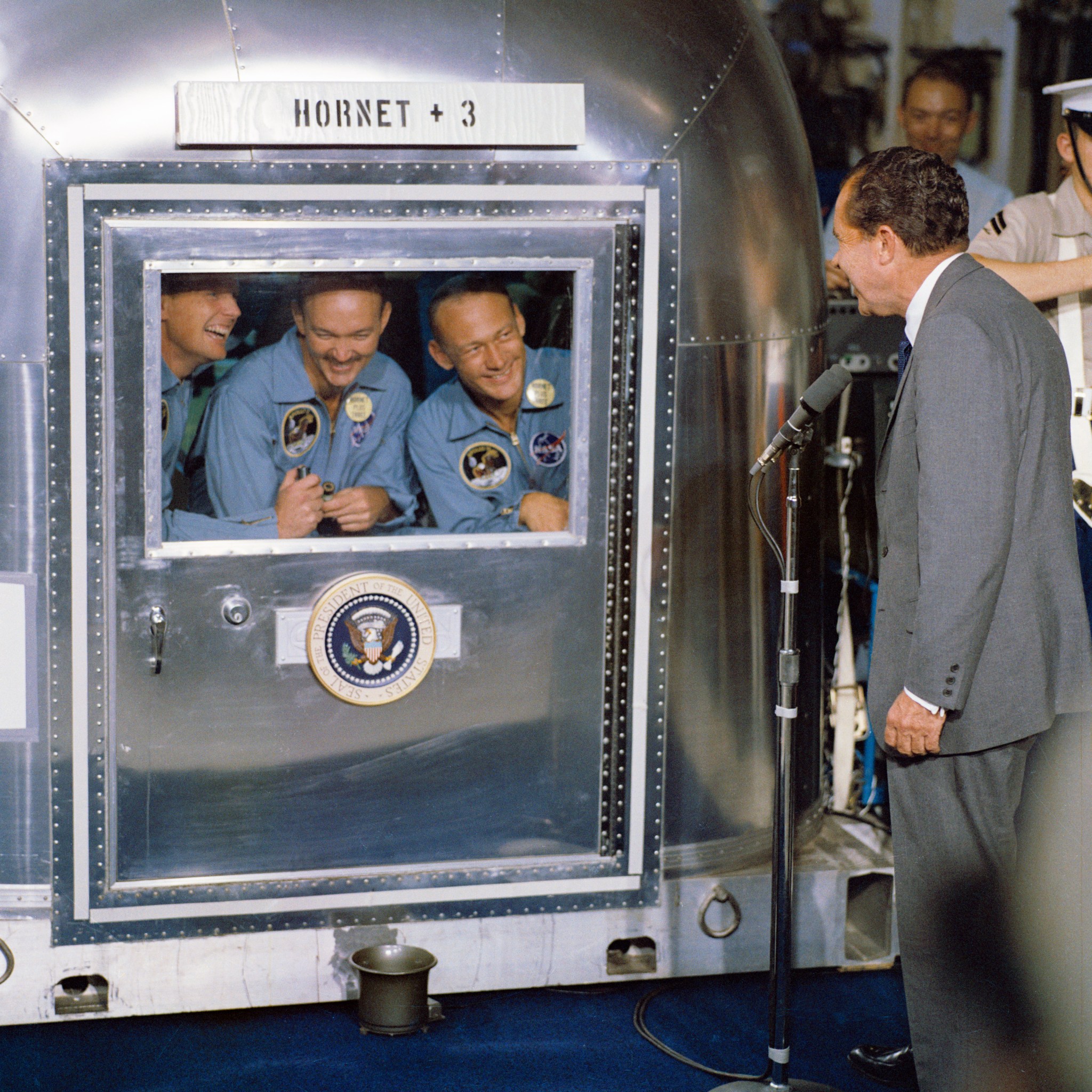 President Richard M. Nixon was in the central Pacific recovery area to welcome the Apollo 11 astronauts aboard the USS Hornet