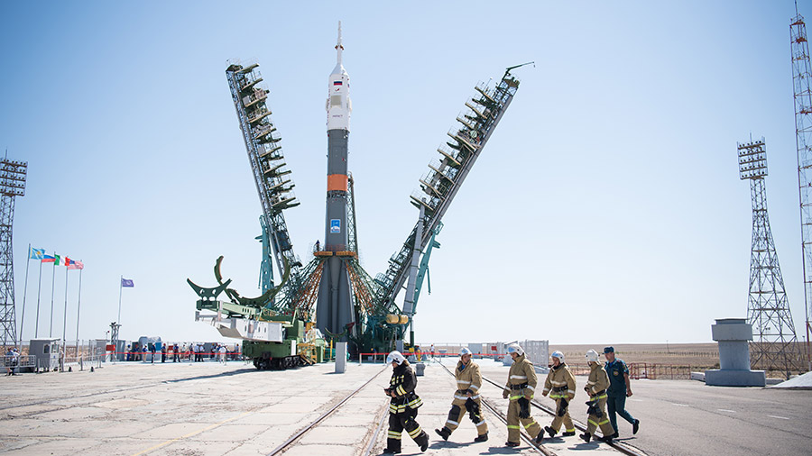 The Soyuz rocket stands at its launch pad in Kazakhstan
