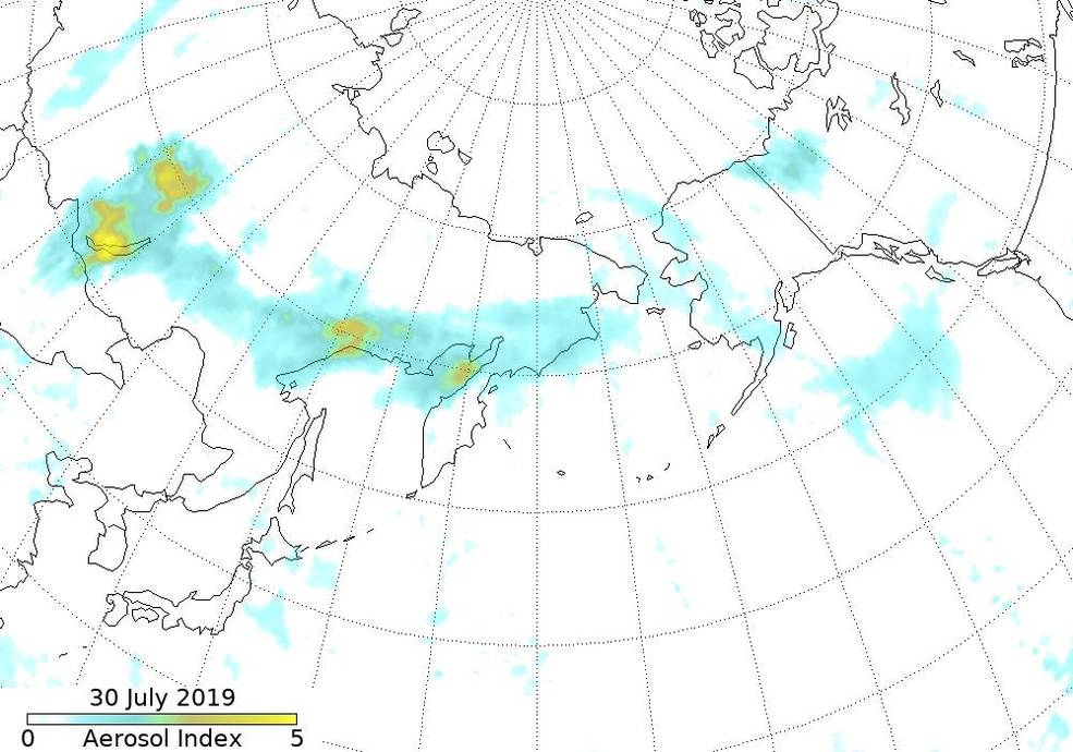 OMPS aerosol instruments detects Siberian smoke heading east to the U.S. and Canada