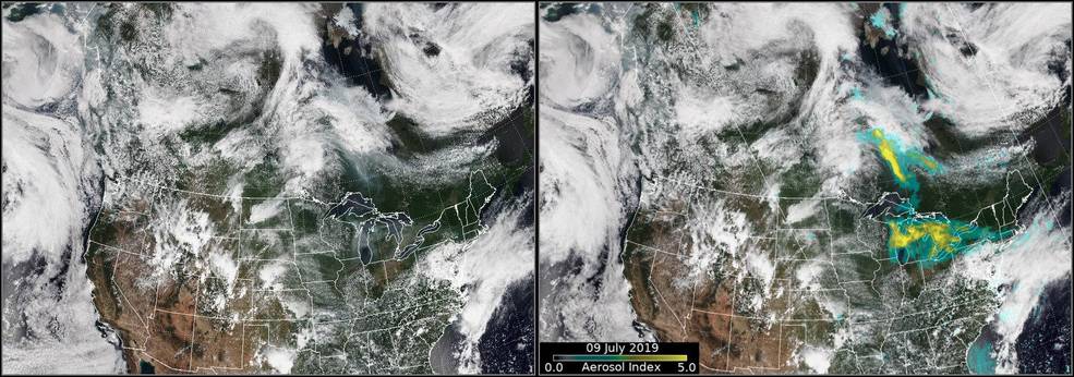 NOAA-20 satellite showing smoke from Canadian fires drifting into the U.S.