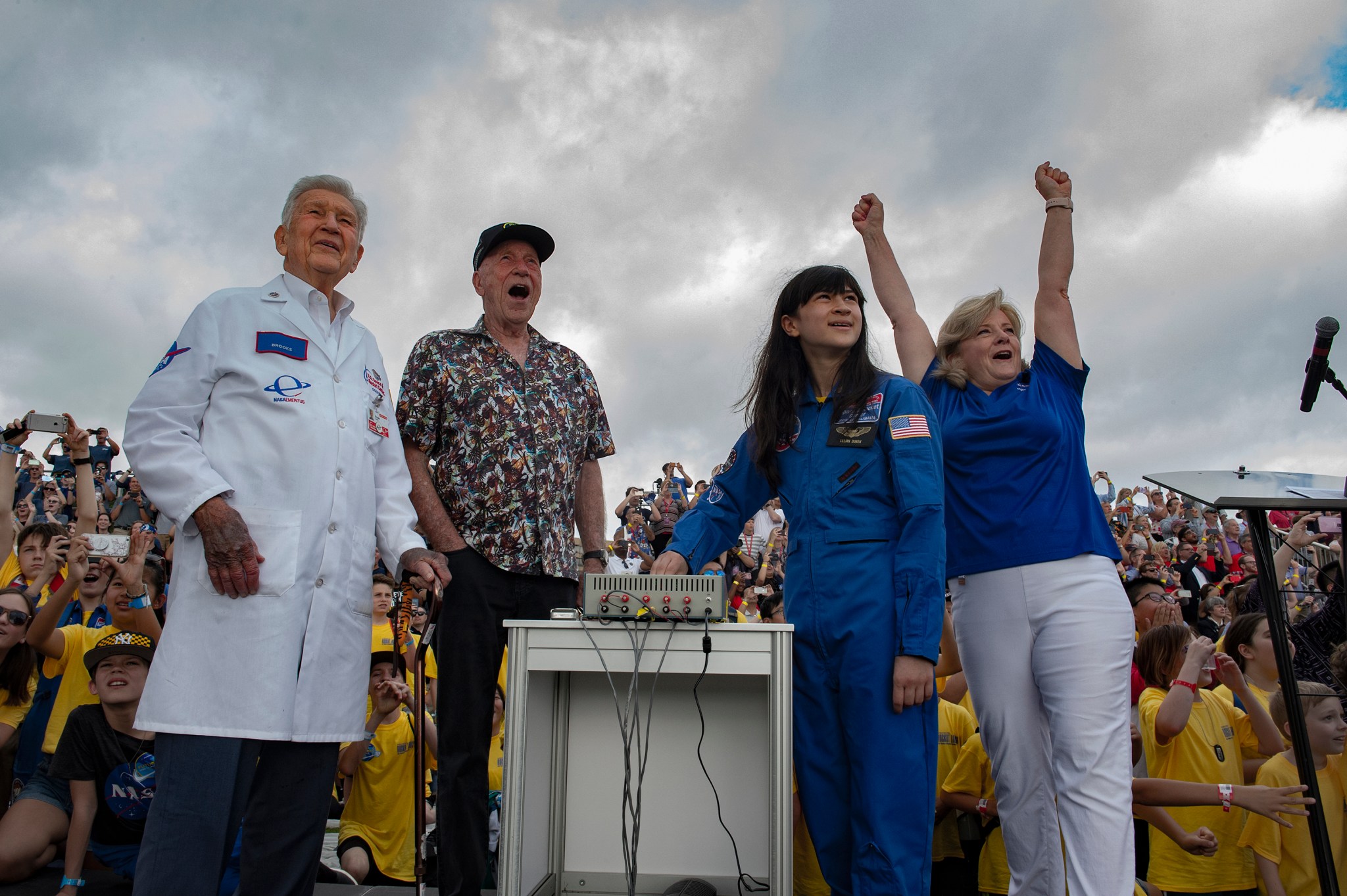 Jody Singer, far right; from left, Brooks Moore, Al Worden and Space Camp veteran Lillian Duran.