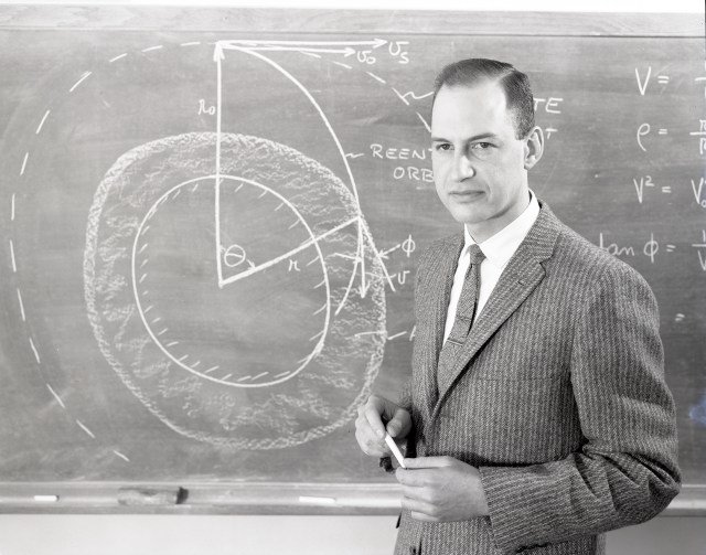 George Low, head of Lewis’ Special Projects Branch, works on space reentry calculations in early 1958.
