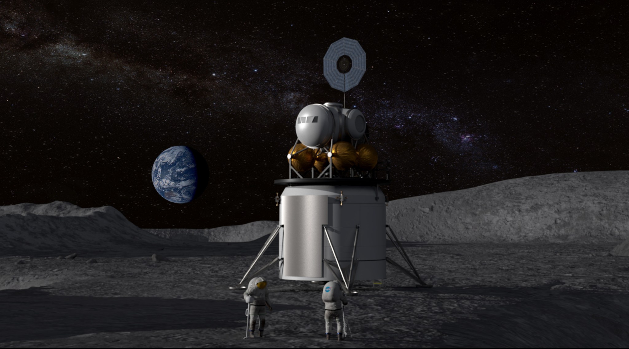 Illustration of a human landing system and crew on the lunar surface with Earth near the horizon.