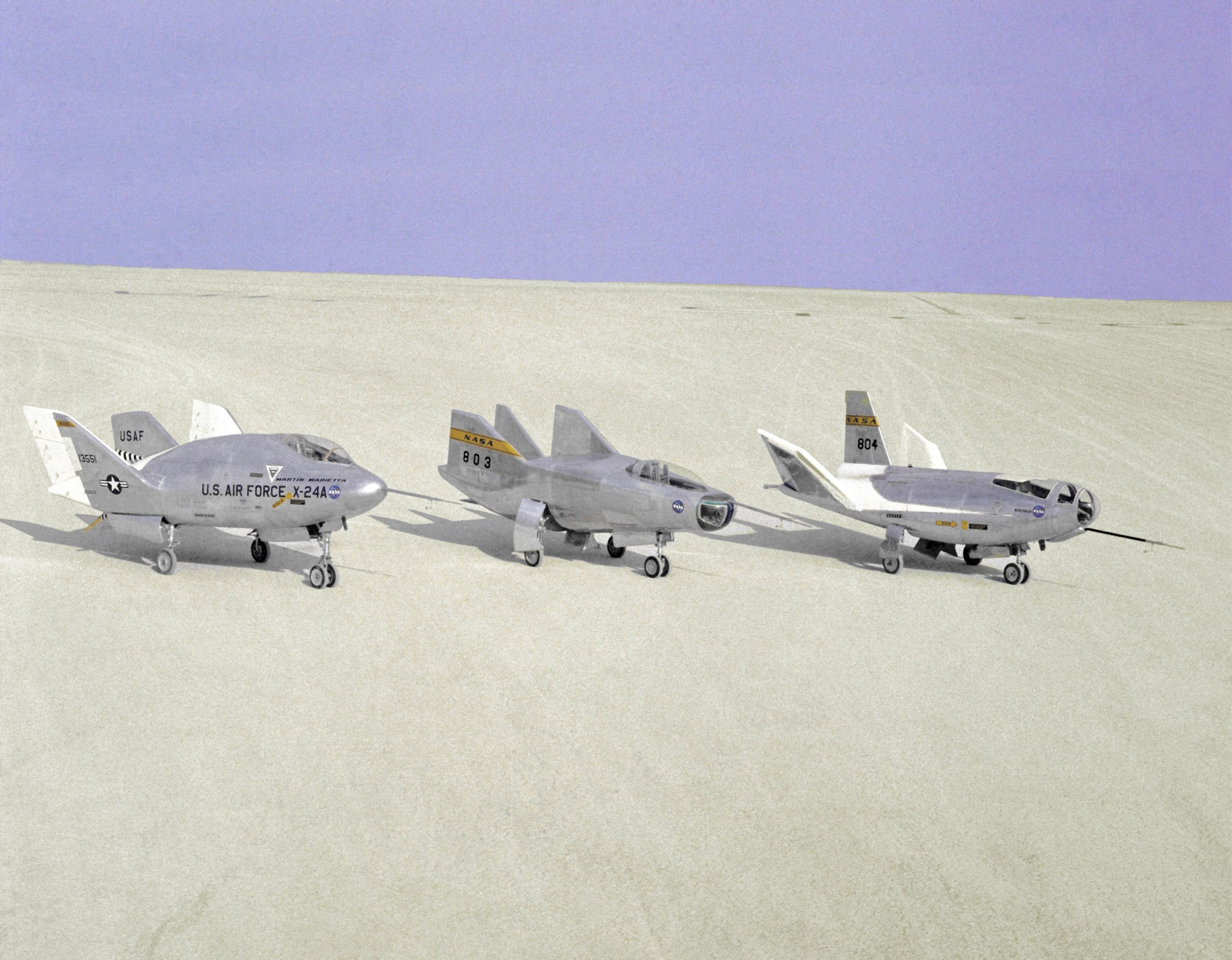 Sitting on the dry lakebed at Edwards Air Force Base in 1968 are, from left, the X-24A, M2-F3 and the HL-10.