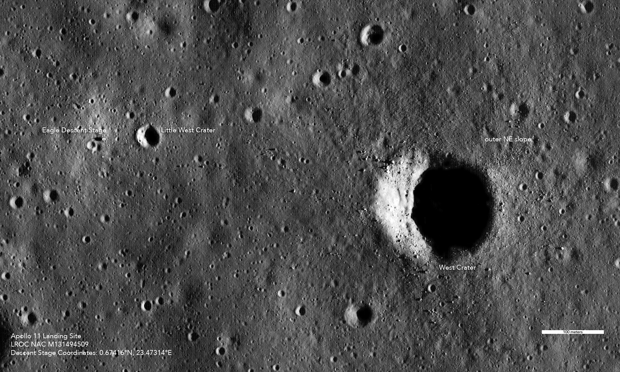 Overhead view of moon, craters, apollo lander