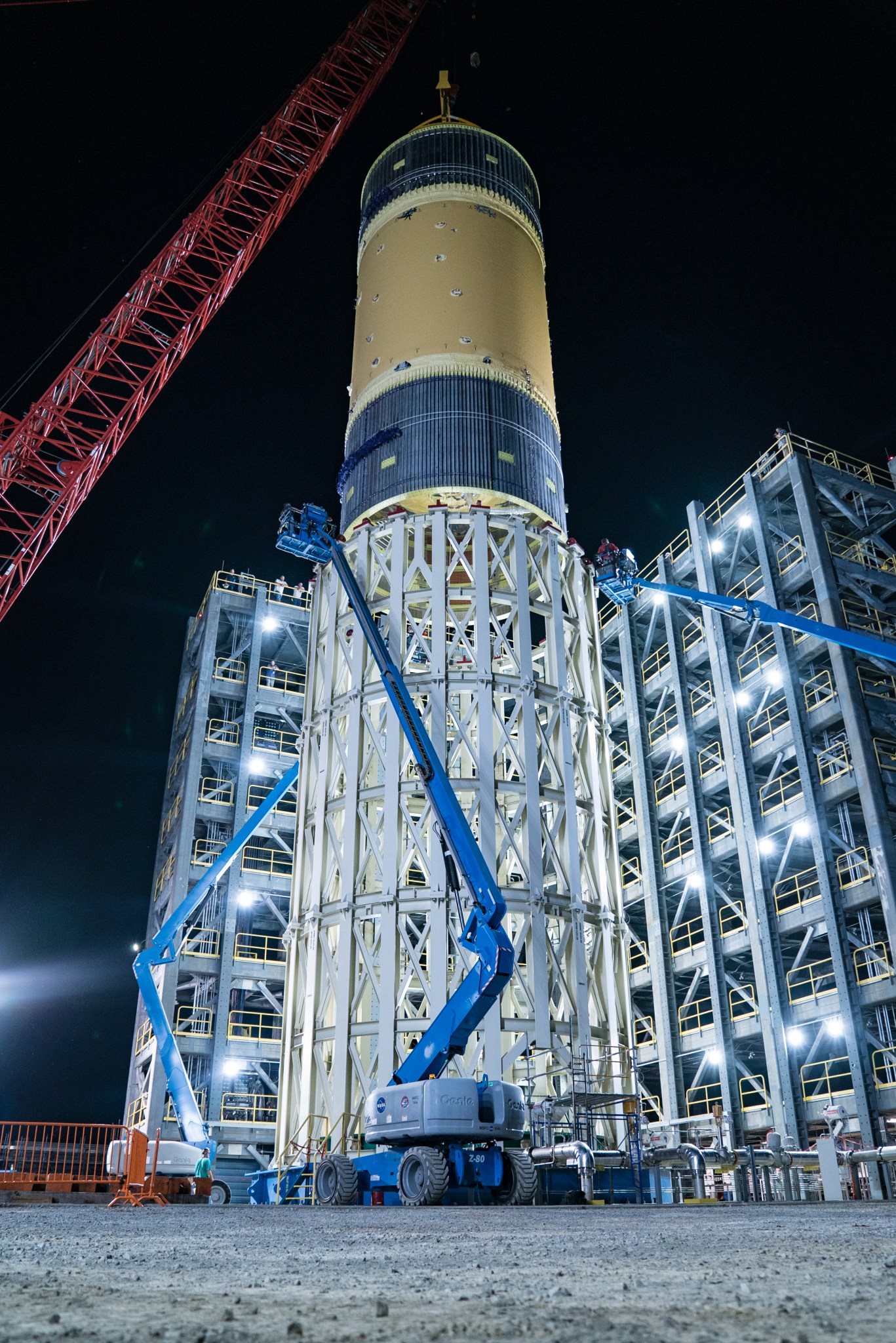 NASA engineers loaded the test article for the Space Launch System liquid oxygen tank into Test Stand 4697 at Marshall on July 1