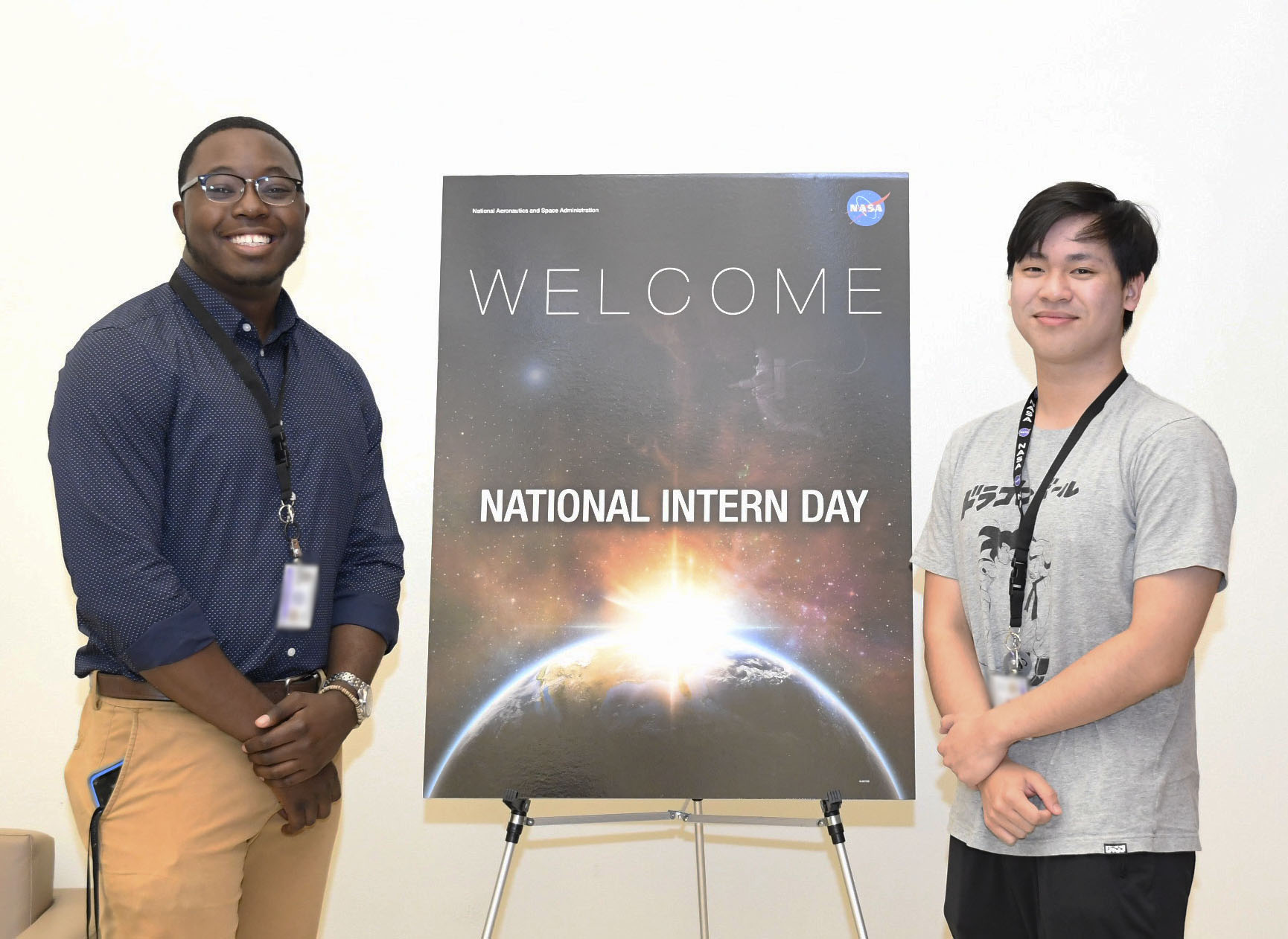 NASA’s Marshall Space Flight Center interns Martavious Hails, left, and Edward Chau attend National Intern Day events.