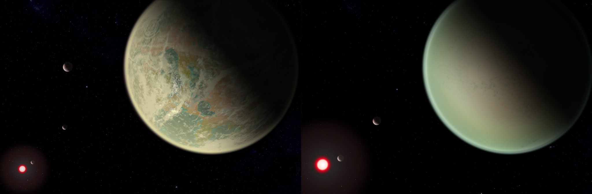 Conceptual image of wet and dry oxygen-rich exoplanets