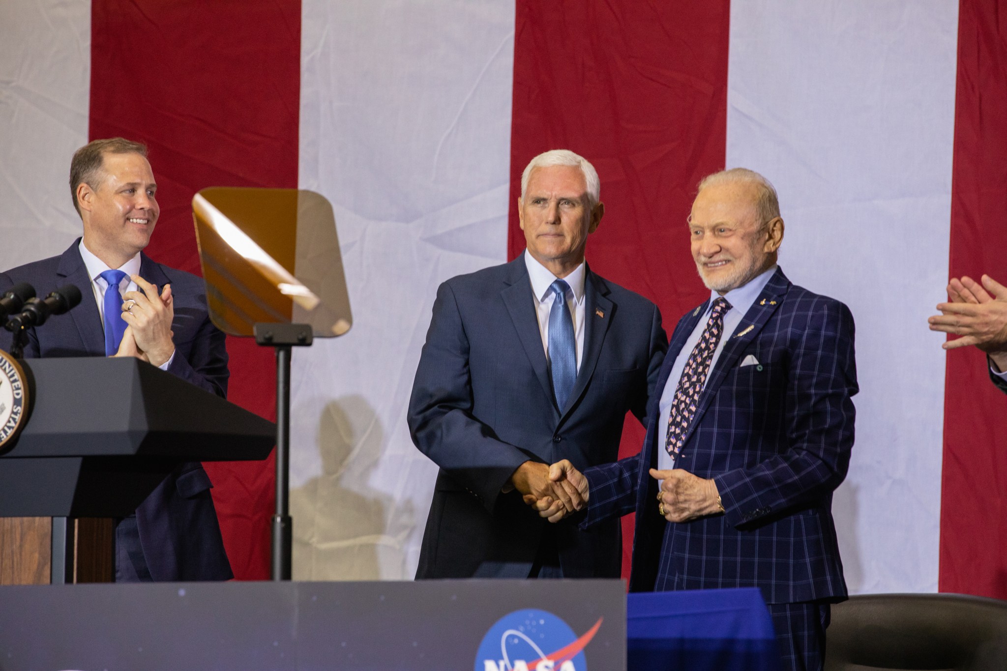 Vice President Mike Pence with NASA Administrator Jim Bridenstine and Apollo 11 astronaut Buzz Aldrin