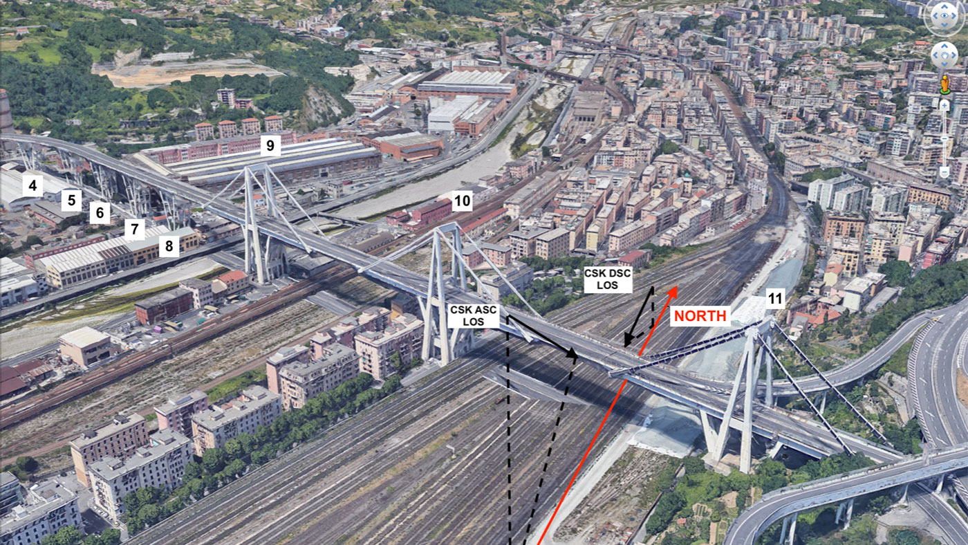 A satellite view of the Morandi Bridge in Genoa, Italy