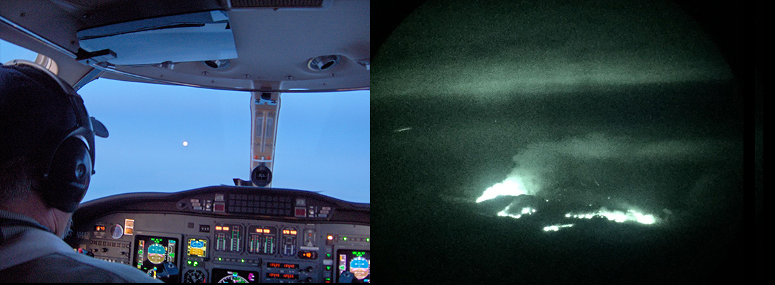 Side by side images of the NIROPS cockpit seen over the pilot's shoulder, looking out the front windshield. The second image is of a fire seen in night vision, so it appears light green and white against the night.