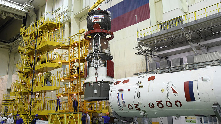 The Soyuz MS-13 spacecraft is processed launch