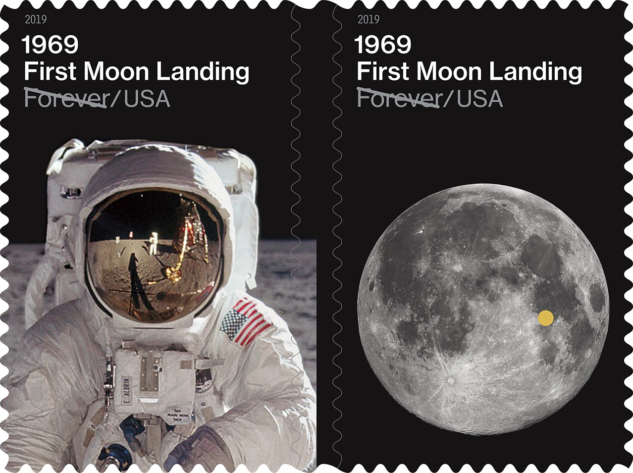 The U.S. Postal Service will issue these stamps July 19 to commemorate the 50th anniversary of the Apollo 11 Moon landing. 