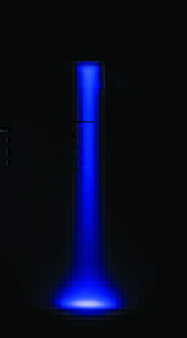 Particle beam against black background, shaped like a glowing, blue beaker.