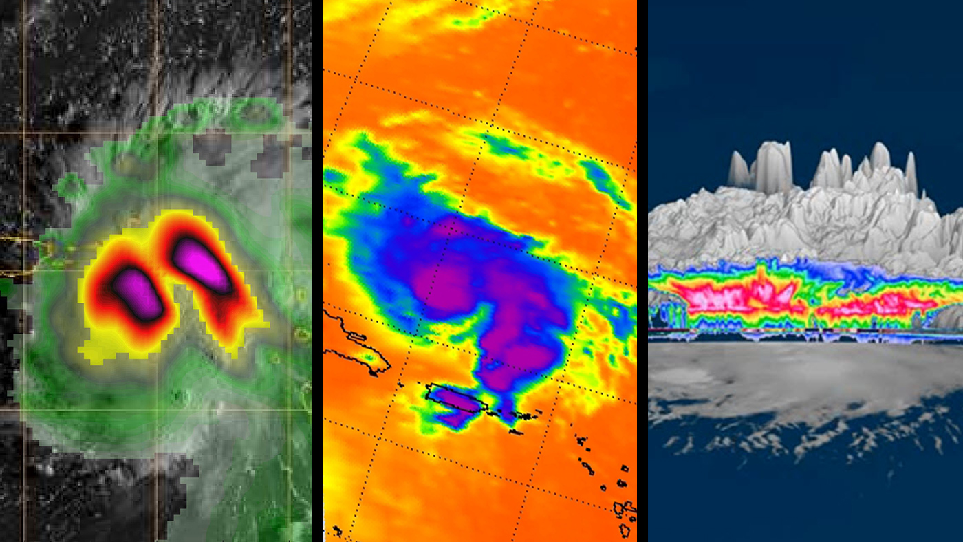 side by side radar images of hurricane viewed from three different instruments
