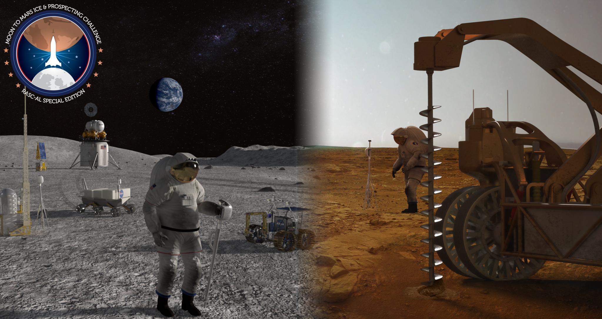 An illustration of astronauts on the Moon and Mars.