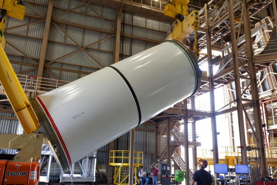 A booster lift in the Rotation, Processing and Surge Facility at NASA's Kennedy Space Center in Florida.