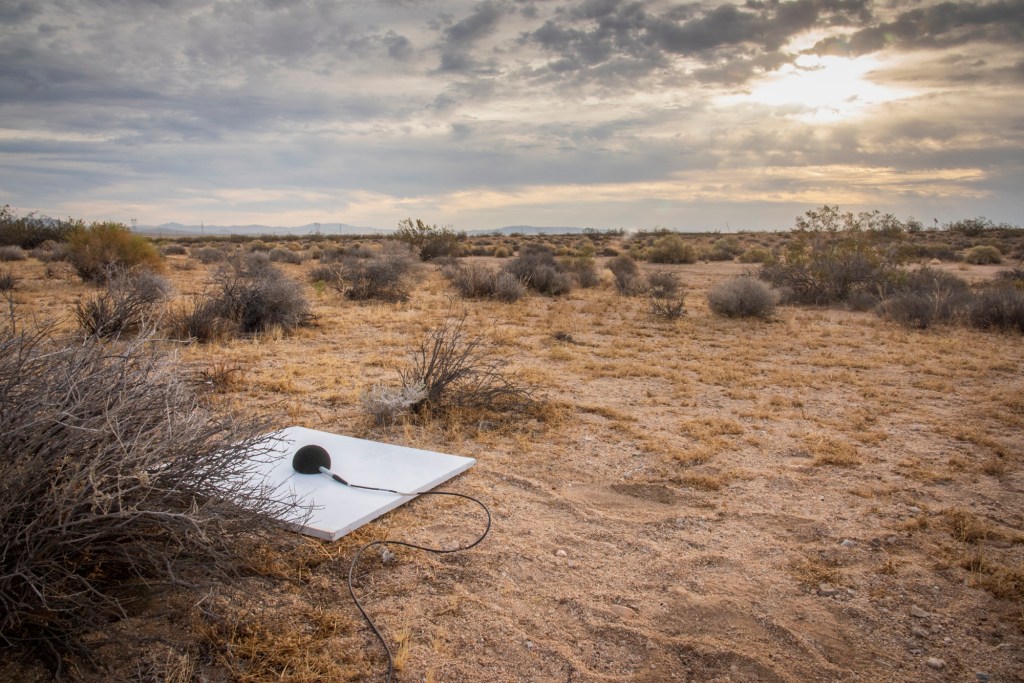 One of multiple microphone stations used in the CarpetDIEM flight series sits in the Mojave Desert in California.
